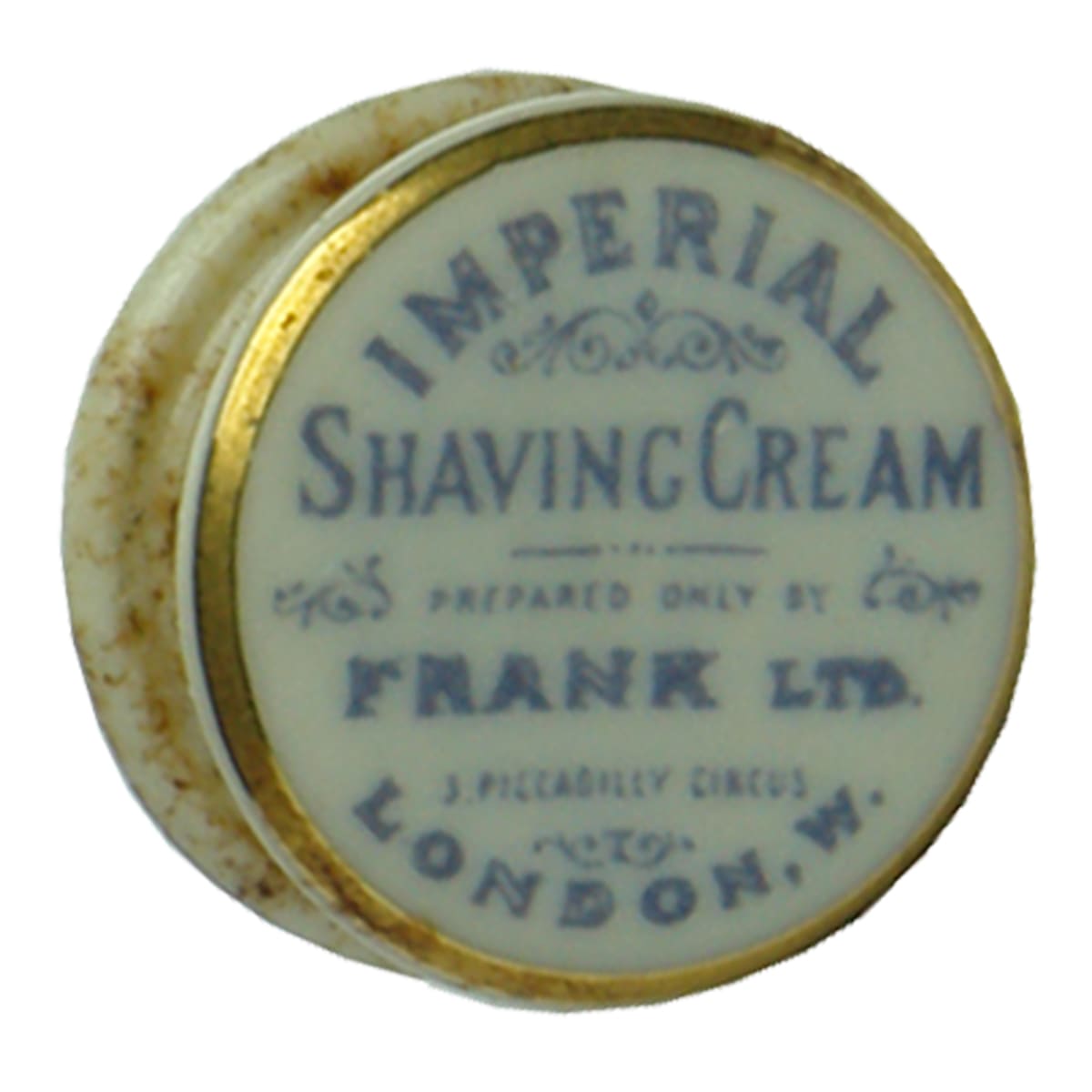 Miniature. Imperial Shaving Cream, Frank Ltd., London. 12 mm across! (World's Smallest lid!) (United Kingdom)