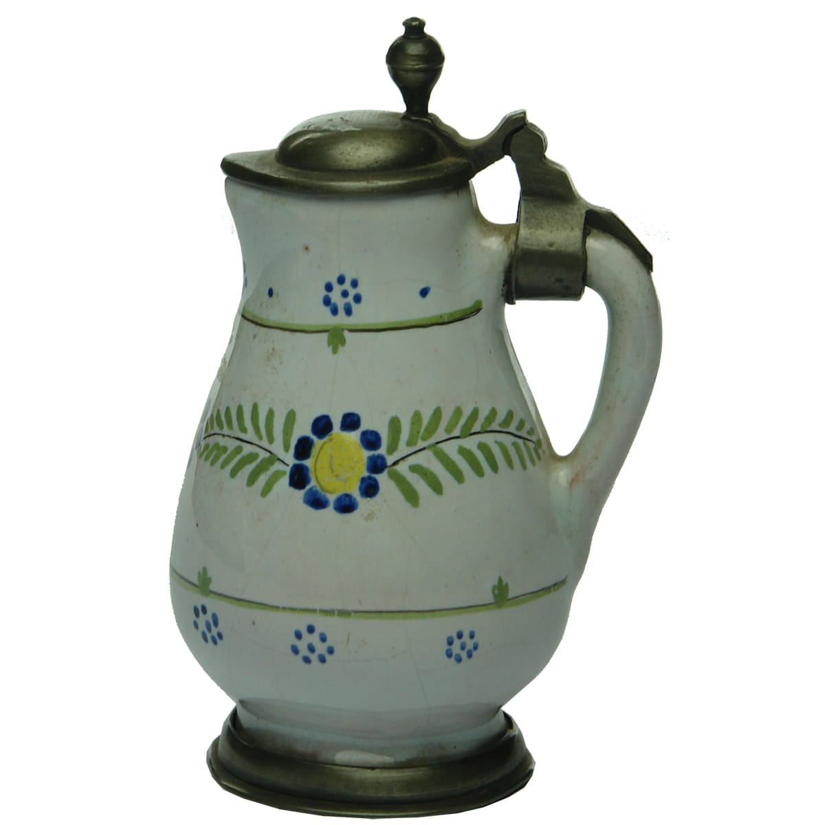 Miniature Tin Glaze jug with pewter cap and base edging.