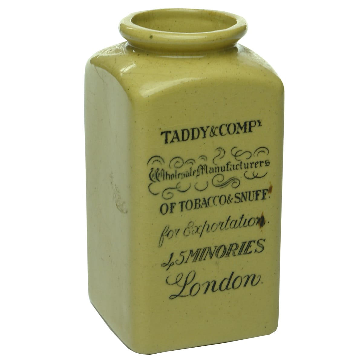 Tobacciana. Taddy & Compy Tobacco & Snuff, London. Square ceramic jar. Small.