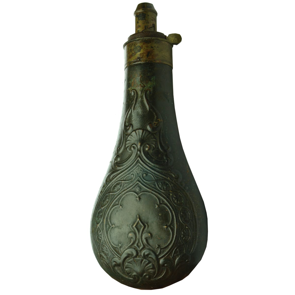 Brass/Copper Gun Powder Flask. Scroll work.