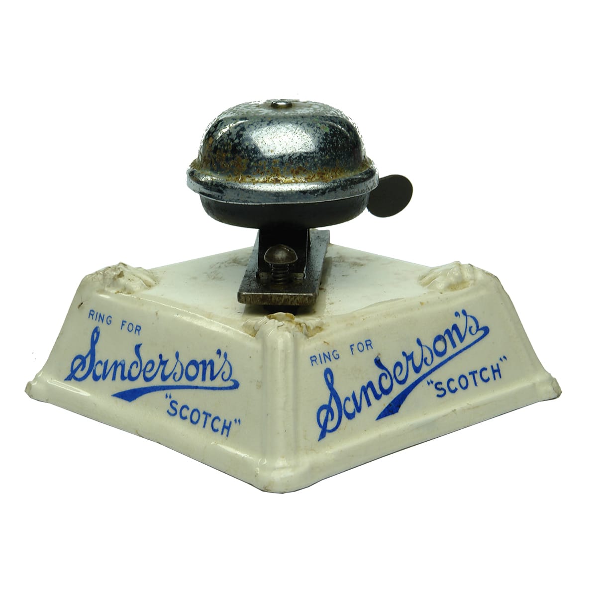 Desk Bell. Ring for Sanderson's Scotch. Blue on White.