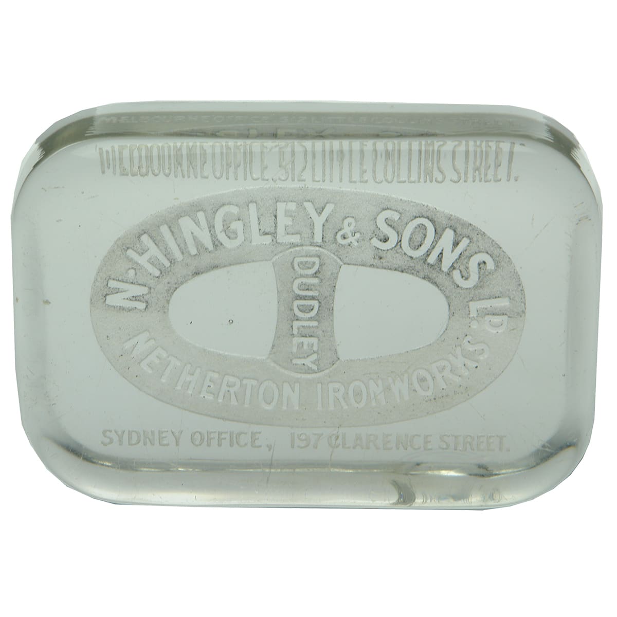 Paperweight. N. Hingley & Sons Ld, Netherton Ironworks, Dudley, Melbourne Office, 512 Little Collins Street, Sydney Office, 197 Clarence Street. (Victoria, United Kingdom, New South Wales)