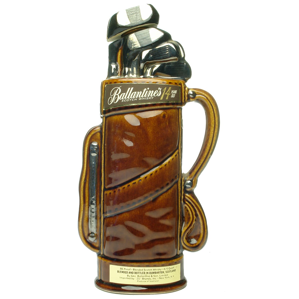 Whisky decanter. Ballantines Scotch Whisky 14 Years Old. Figural Ceramic of Golf Bag & Clubs. 1969.