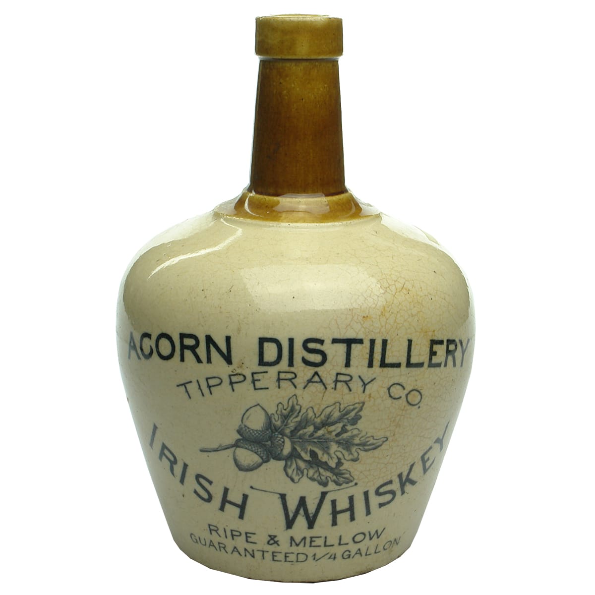 Whiskey Jug. Acorn Distillery, Tipperary Co., Irish Whiskey. Tan Top. 1 Quart. (Ireland)