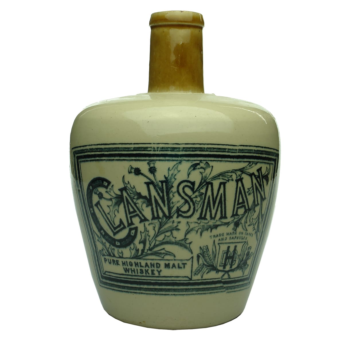 Whisky Jug. Clansman Pure Highland Malt Whiskey. H. Kennedy, Glasgow.