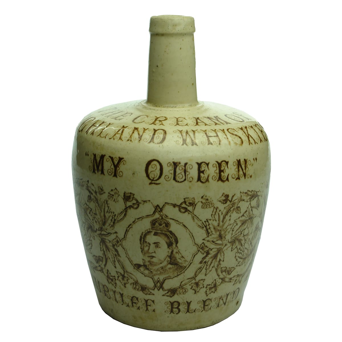 Whisky Jug. My Queen. Jubilee Blend. Thom & Cameron Ltd, Glasgow. All White with Sepia Print.