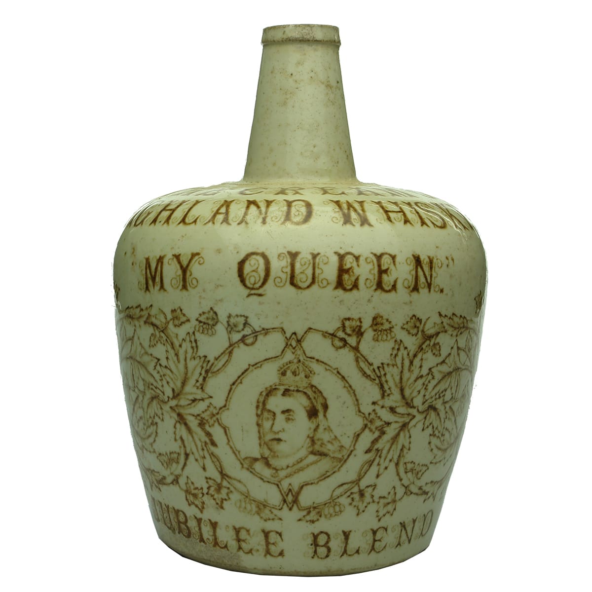 Whisky Jug. My Queen. Jubilee Blend. Thom & Cameron, Glasgow. All White with Sepia Print.