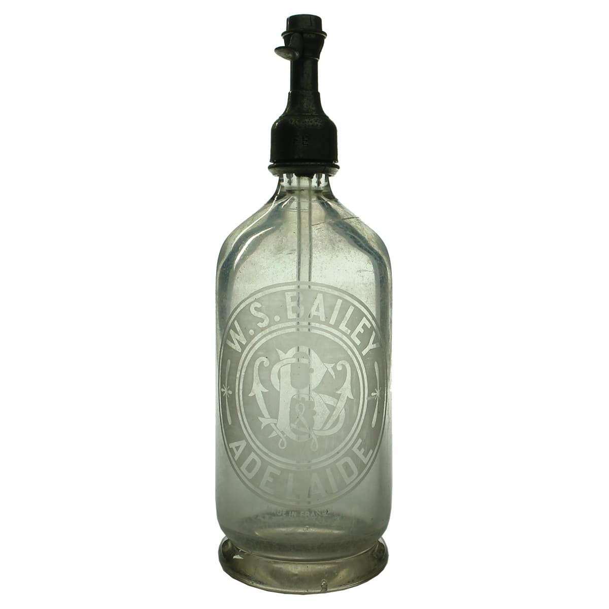 Soda Syphon. W. S. Bailey, Adelaide. Made in France. Clear. 30 oz. (South Australia)