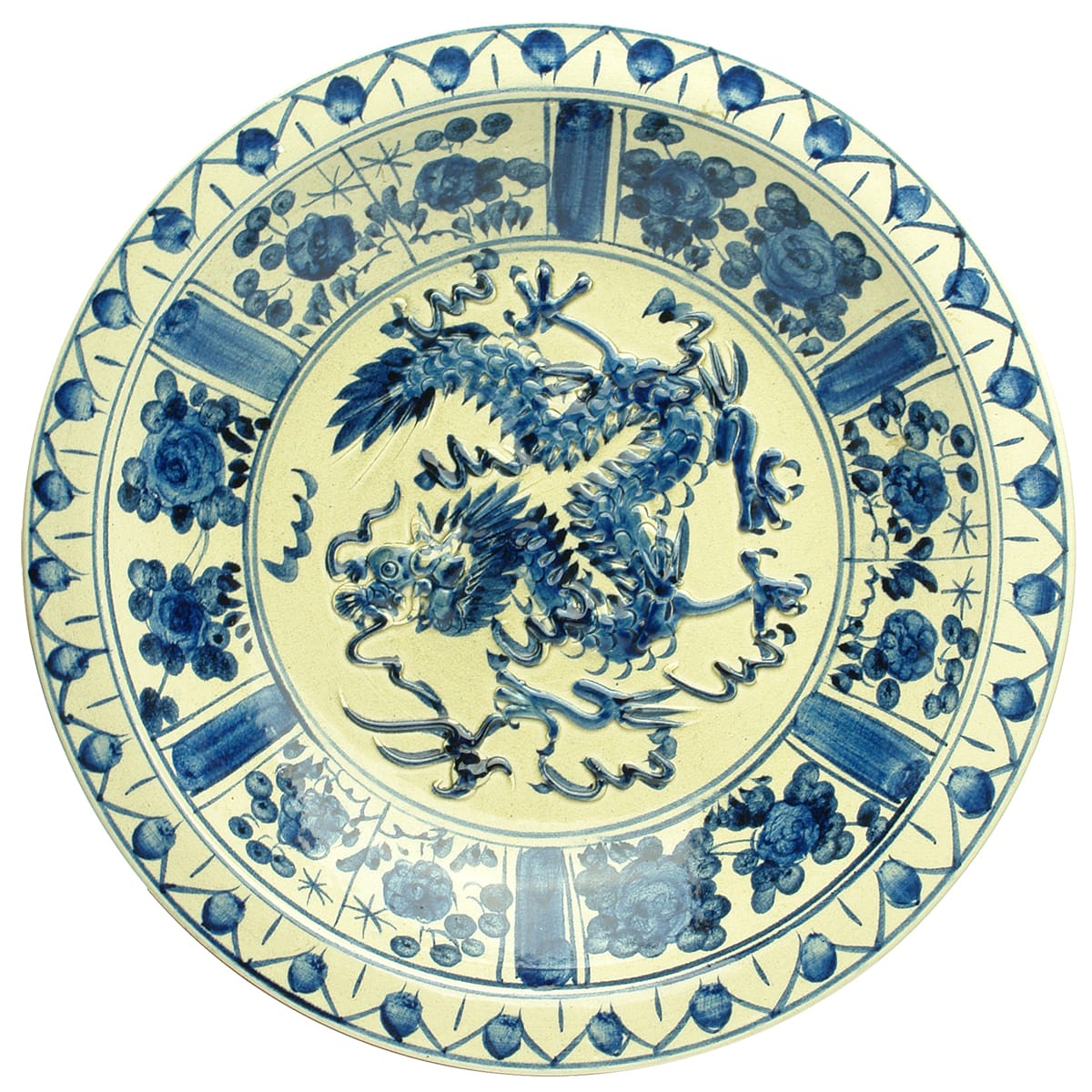 Chinese. Huge Asian Charger With Embossed Dragons in Blue and Characters Underneath.