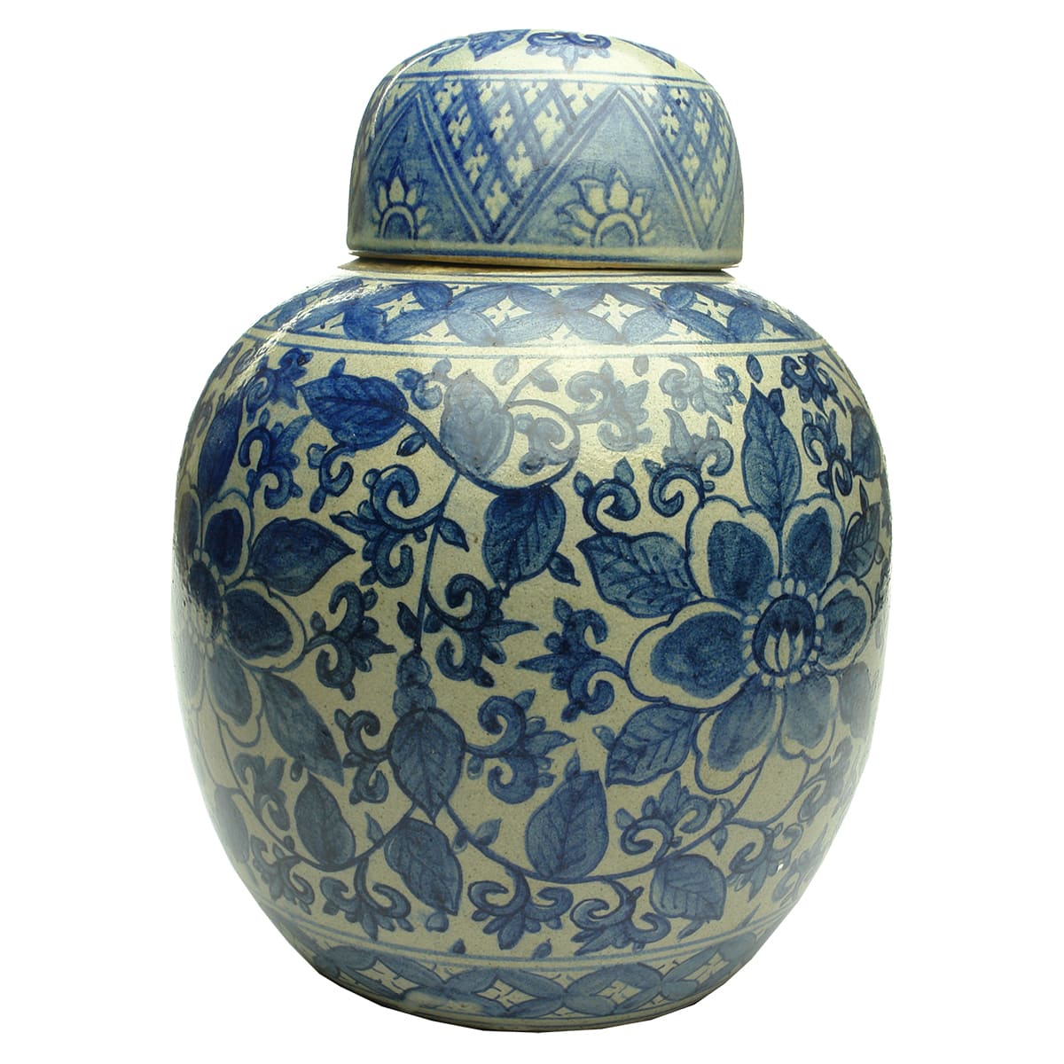 Chinese. Very Large Blue and White Ginger Jar with Floral Design and Lid.