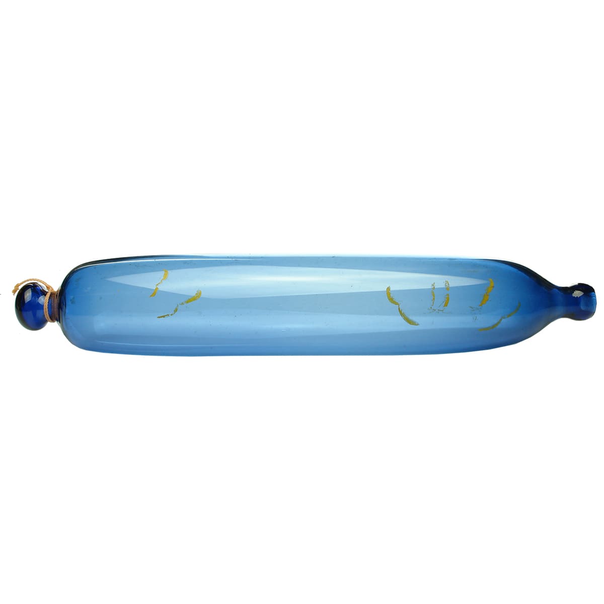 Rolling Pin. Blue Glass. Sheared lip to one end. Remains of some gold paint decoration.