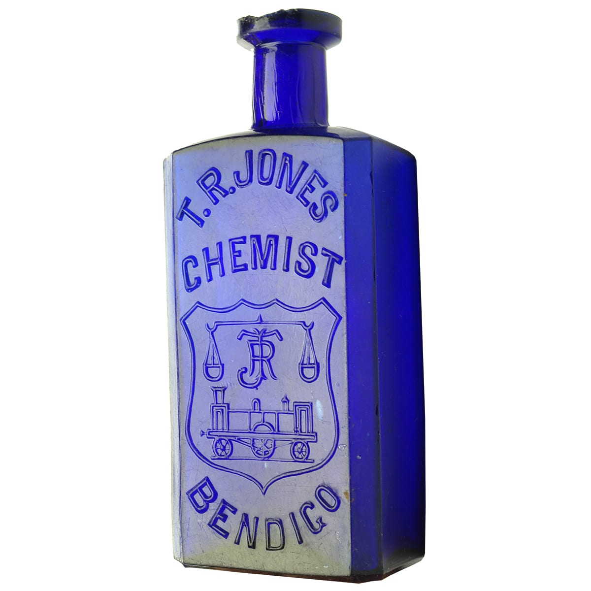 Chemist. T. R. Jones, Bendigo. Scales & Train. Cobalt Blue. 10 oz. Melbourne made variety. (Victoria)