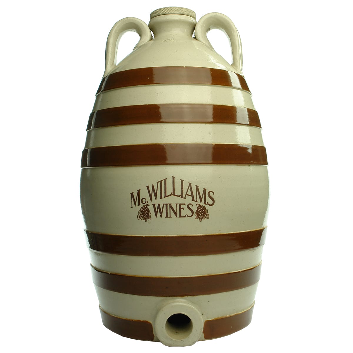 Barrel shaped Demijohn. McWilliams Wines. Brown bands. Fowler pottery.