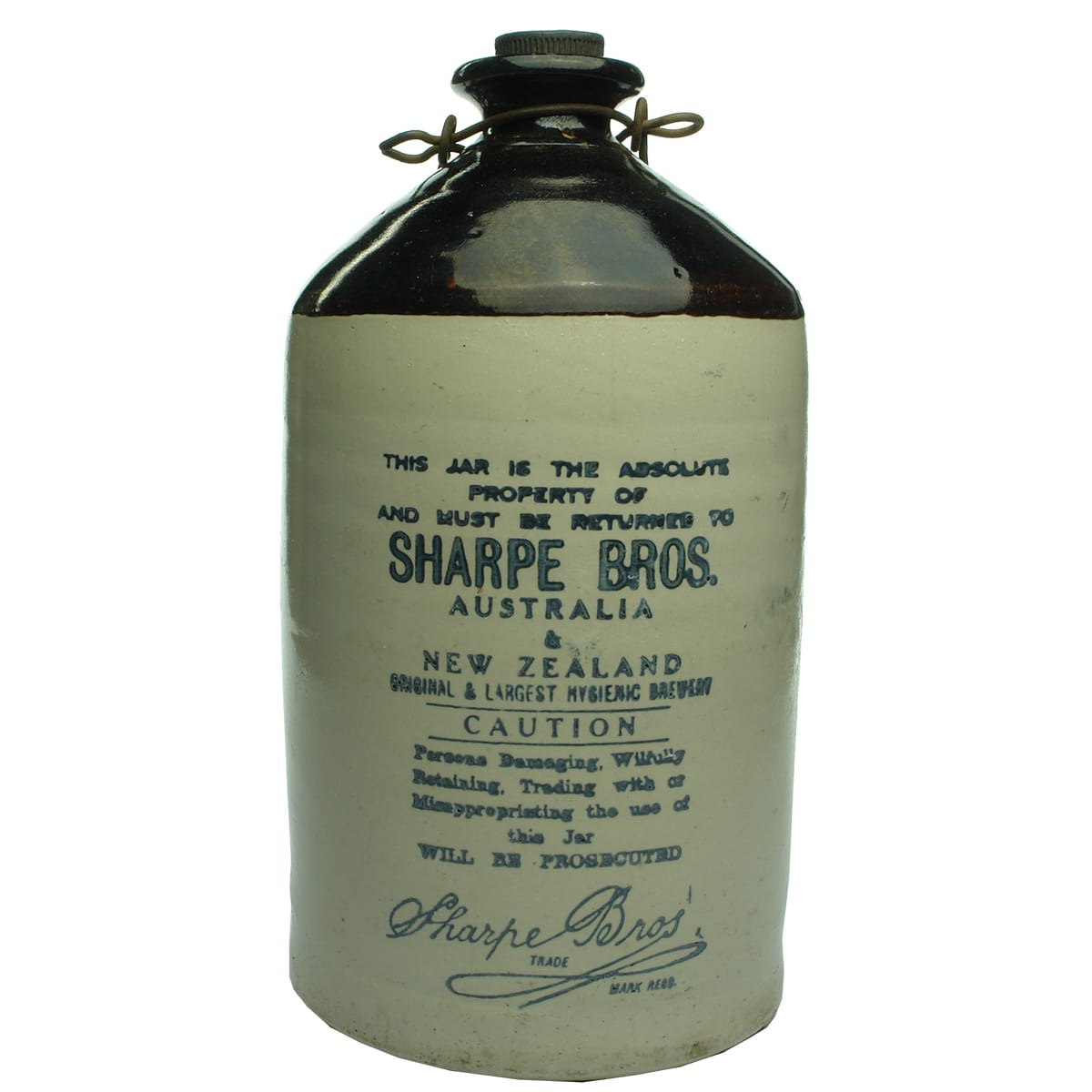 Demijohn. Sharpe Bros., Australia & New Zealand. Dark Brown Top. 1 Gallon.