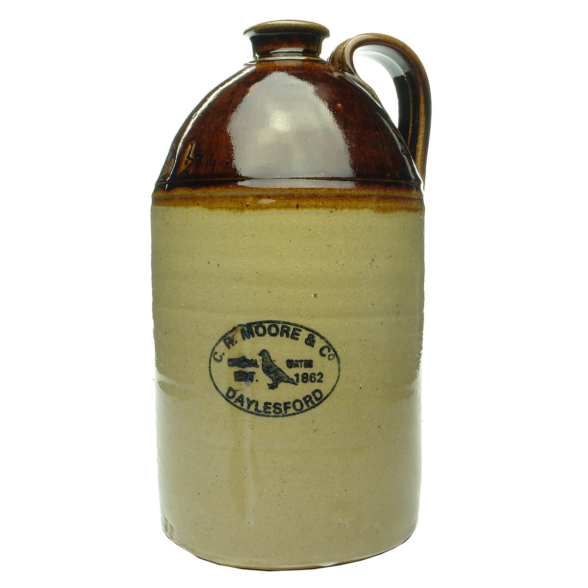 Demijohn. C. R. Moore & Co, Daylesford. Bennett's Magill Pottery. 1/2 Gallon. (Victoria)