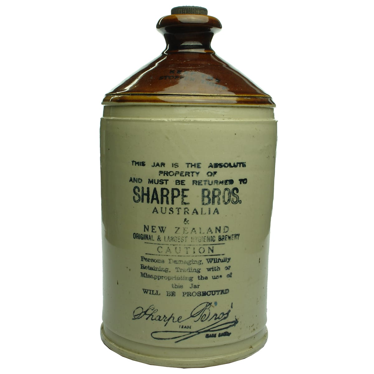 Demijohn. Sharpe Bros., Australia & New Zealand. Rings around upper and lower body. Brown Top. 1 Gallon.