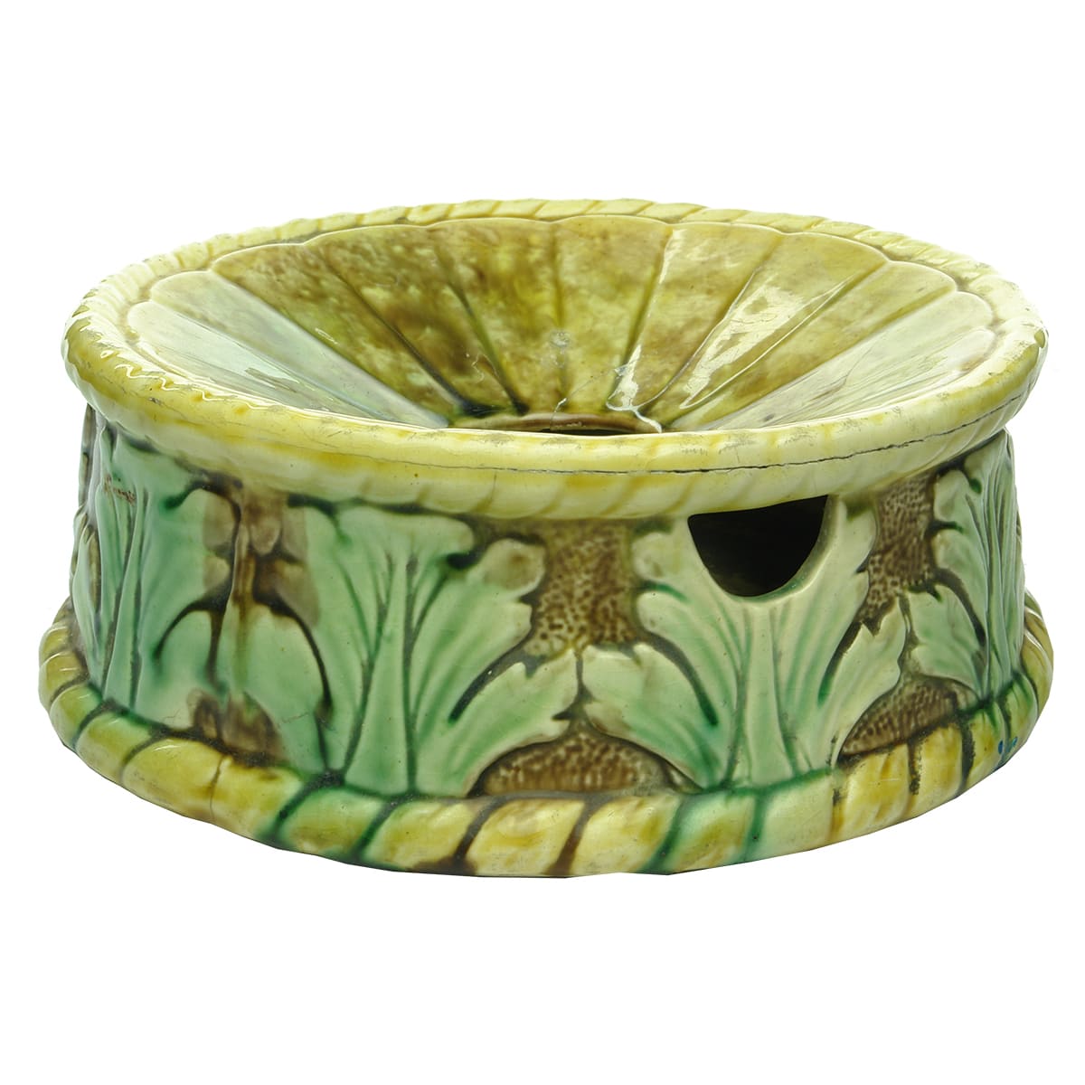 Spittoon. Majolica Earthenware. Leaf pattern.