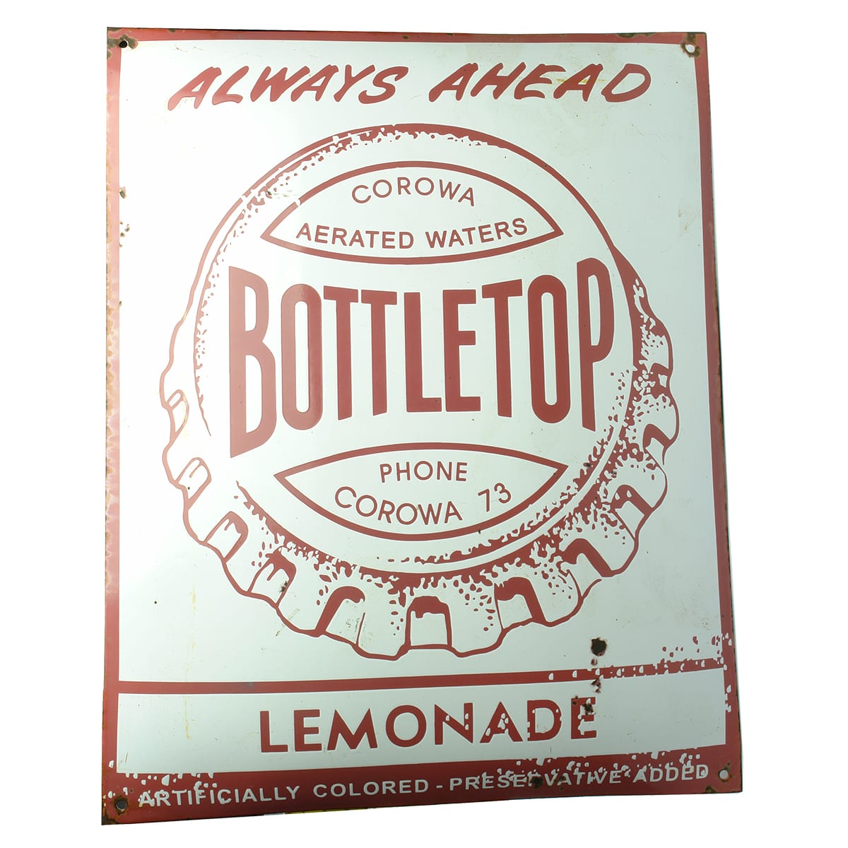 Reproduction Enamel Sign. Corowa Aerated Waters. Bottletop. Lemonade. Red & White. REPRODUCTION! (New South Wales)