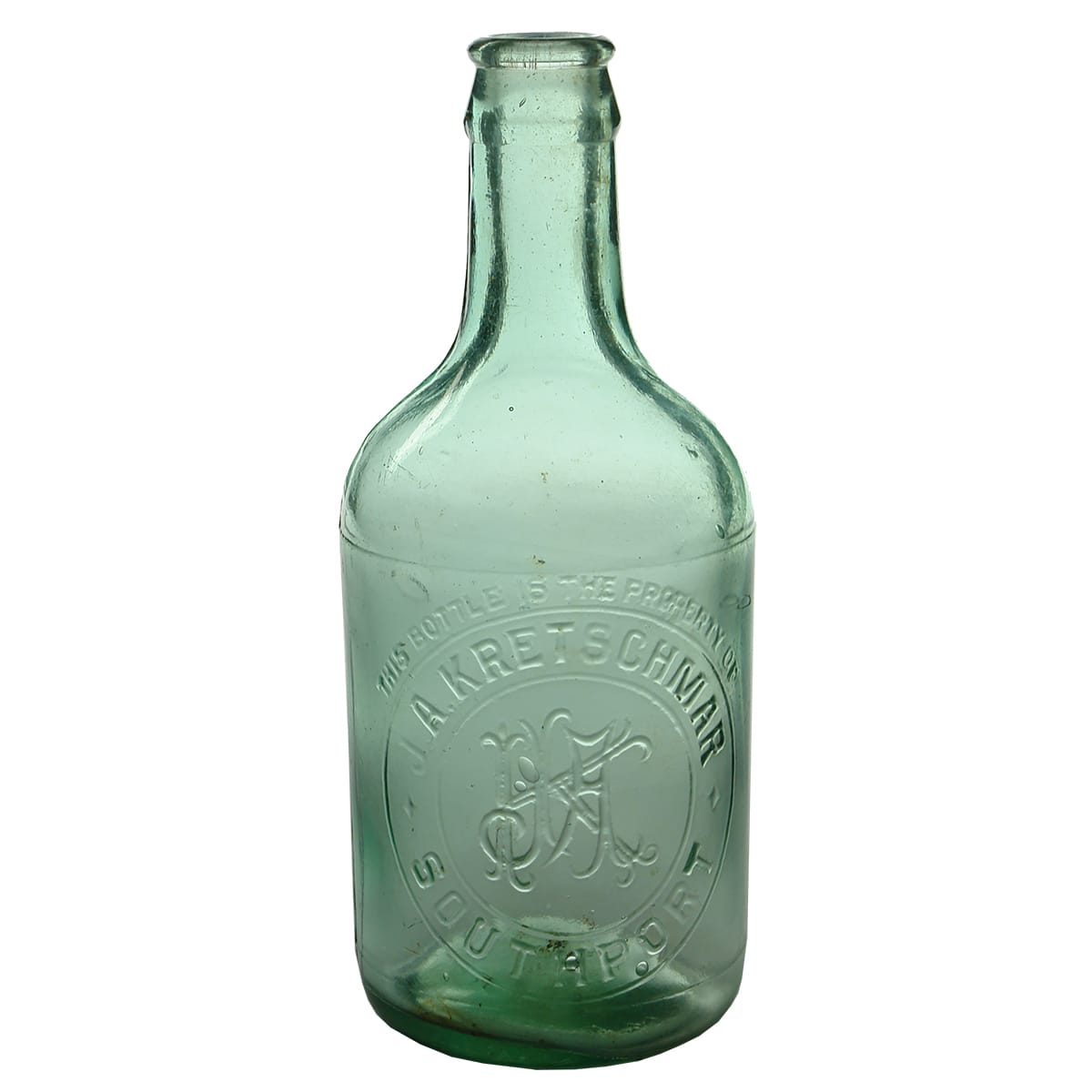 Crown Seal. J. A. Kretschmar, Southport. Dump shape. Spun top. Aqua. 10 oz. (Queensland)