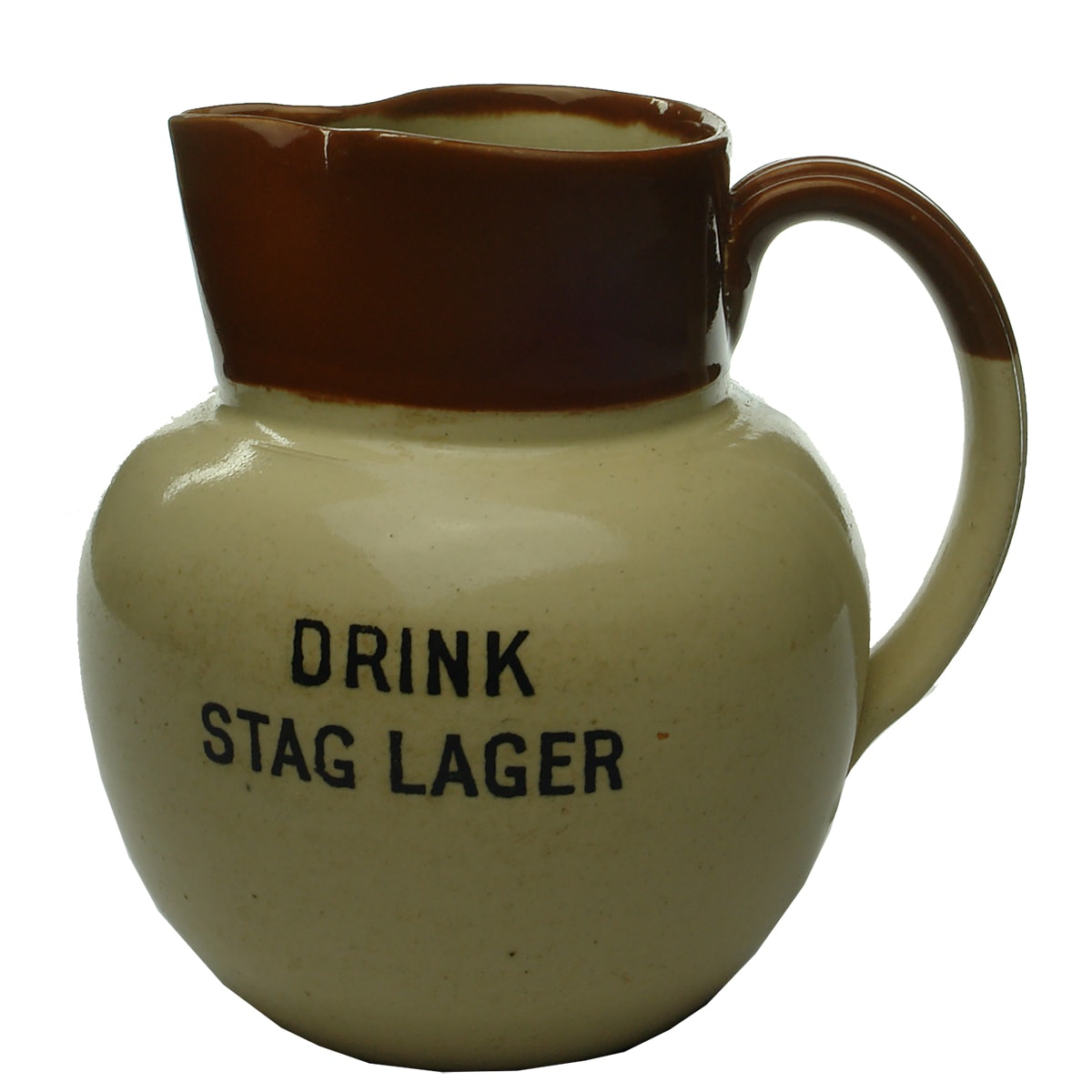 Advertising Beer Jug. Drink Stag Lager & Stag Stout. Brown top. (Tooheys, Sydney, New South Wales)