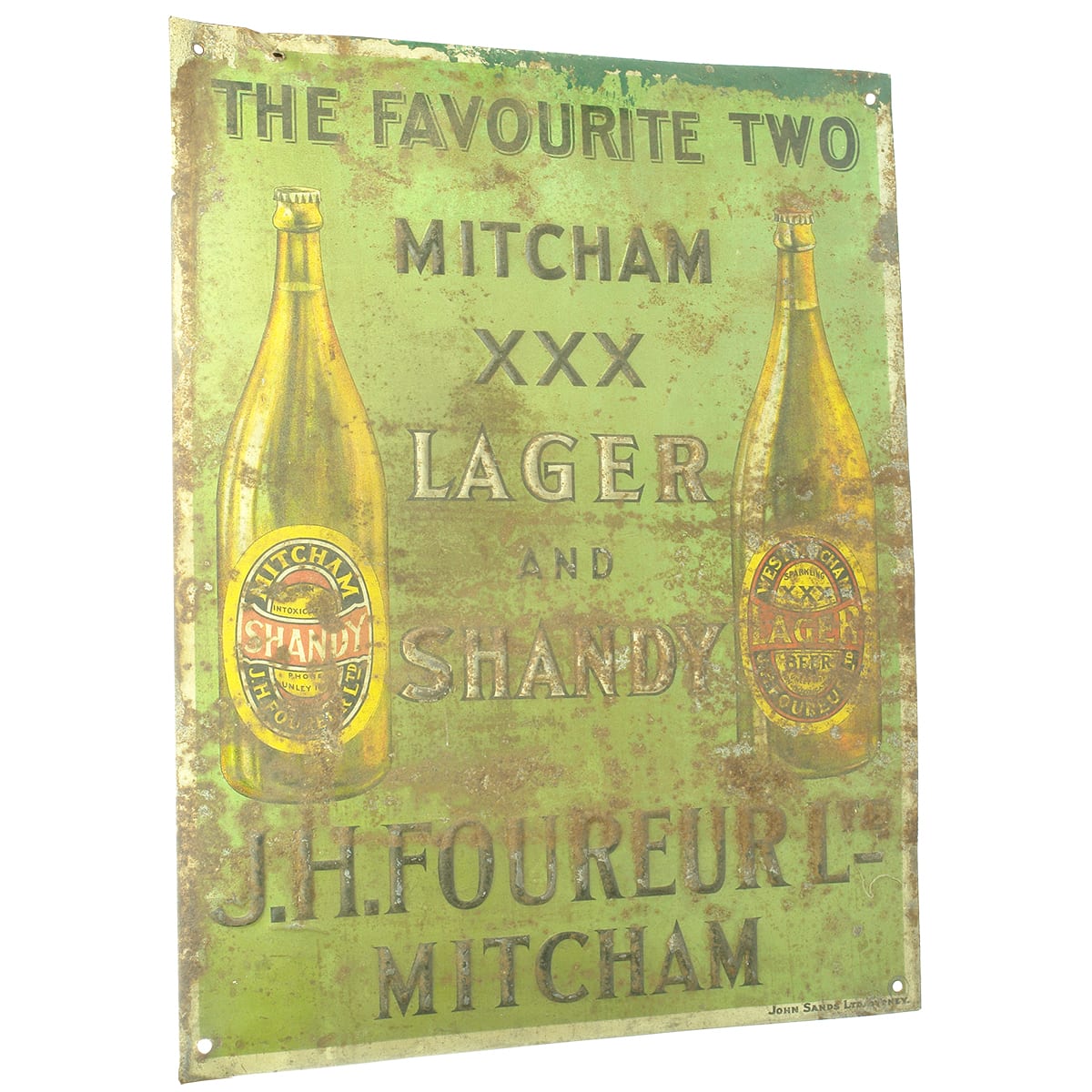 Tin Sign. J. H. Foureur Ltd, Mitcham. Lager and Shandy. Bottles. (South Australia)