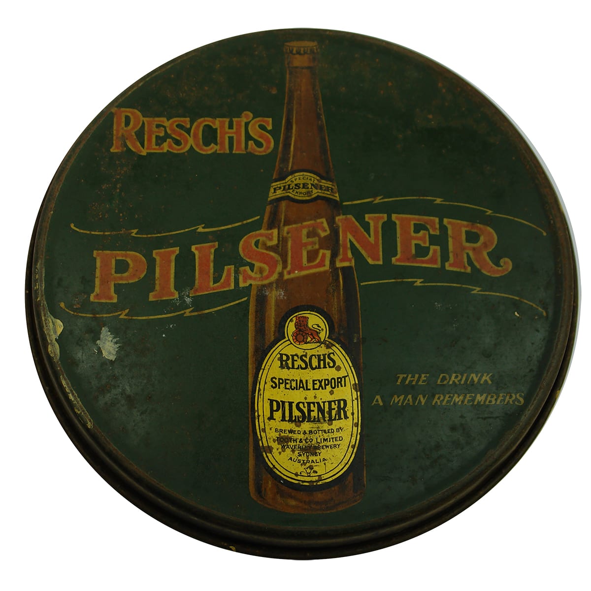 Advertising Serving Tray. Resch's Pilsener. Tall amber bottle. Tooth & Co Limited Waverley Brewery, Sydney. (New South Wales)