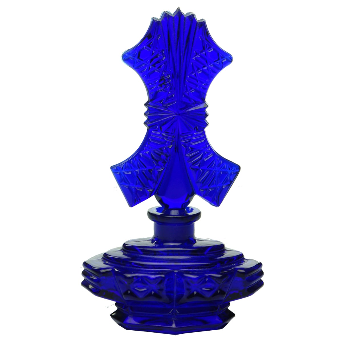 Perfume. Spectacular moulded bottle with even more amazing stopper. Cobalt Blue.