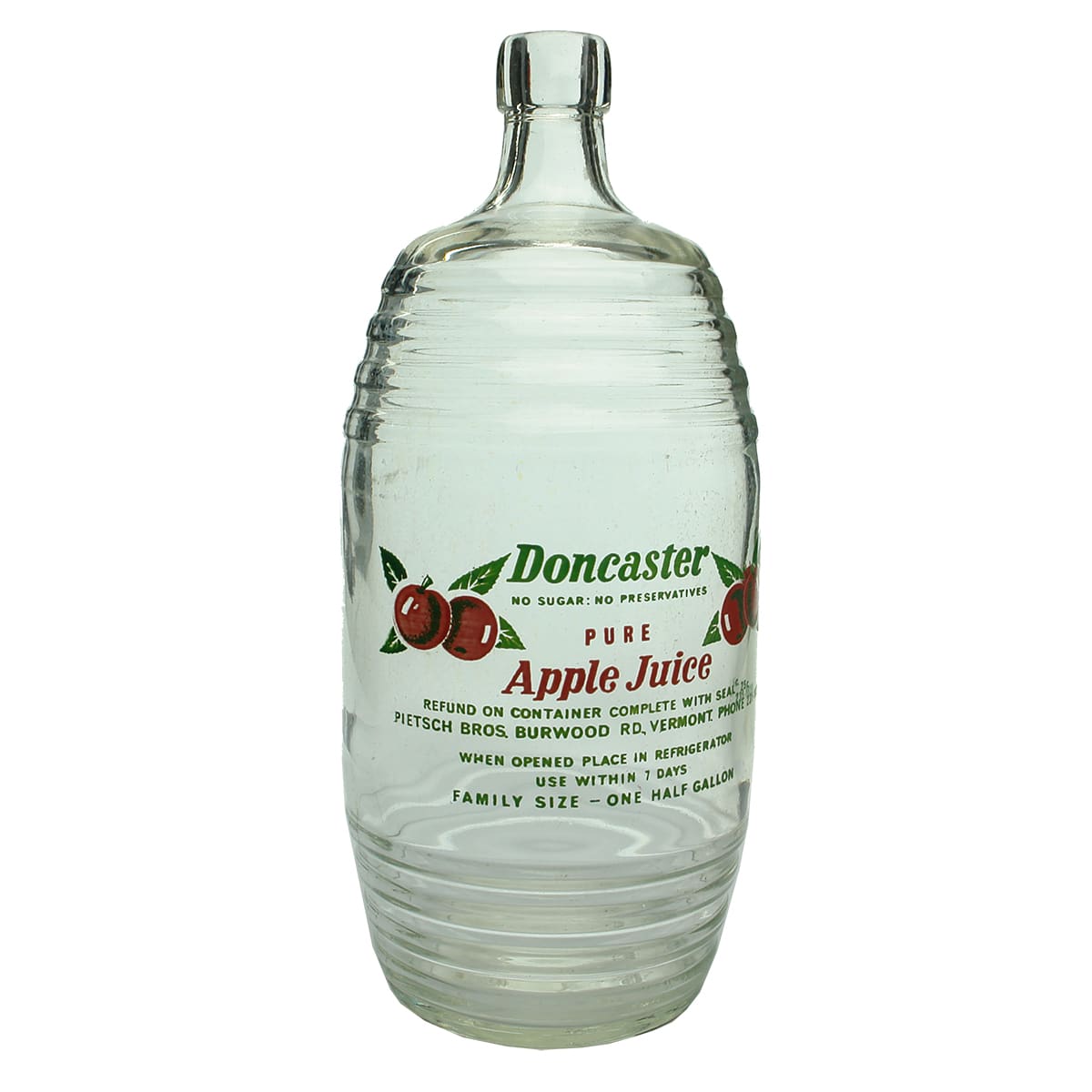 Barrel. Doncaster Pure Apple Juice. Ceramic Label. 1/2 Gallon. (Victoria)