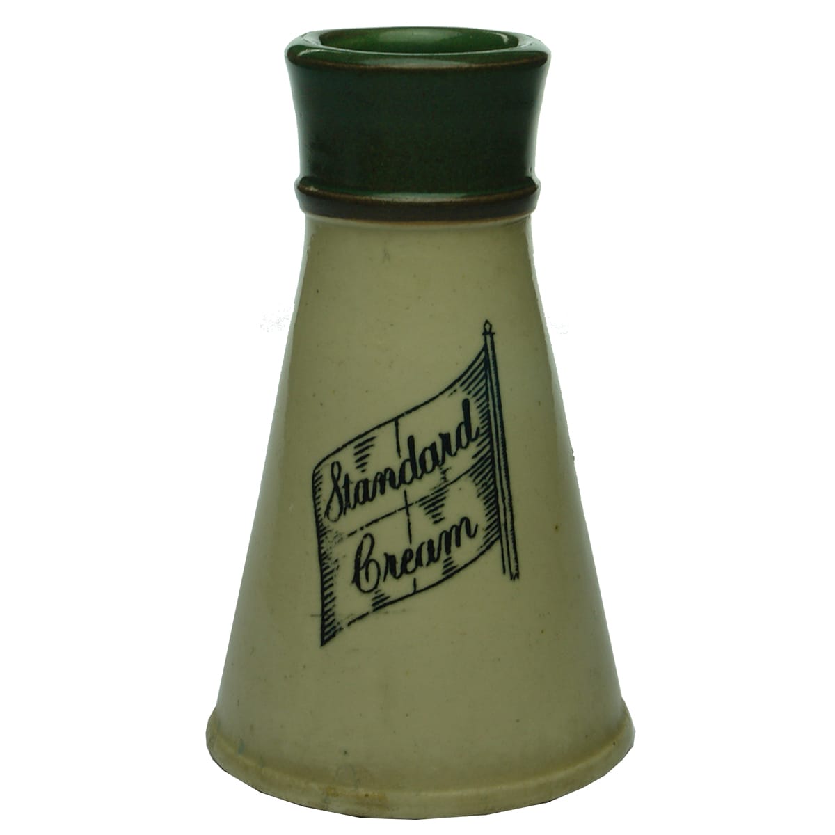 Stoneware Cream Jar. Standard Cream. Green & Brown top. (Queensland)