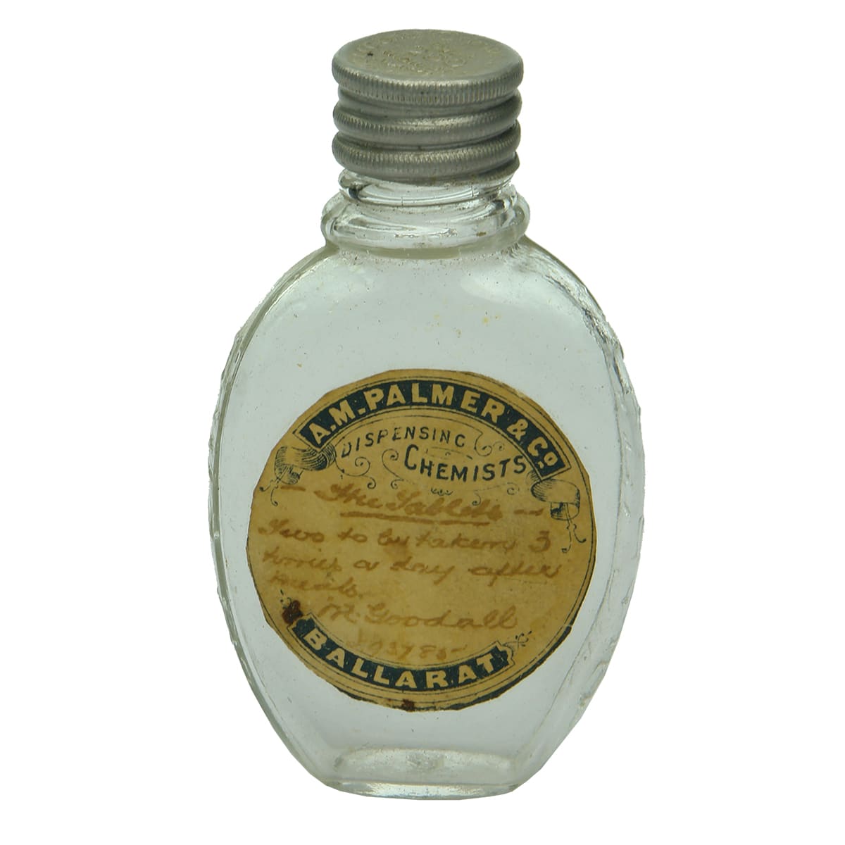 Chemist. A. M. Palmer, Ballarat. Tabloid Bottle. Clear. (Victoria)