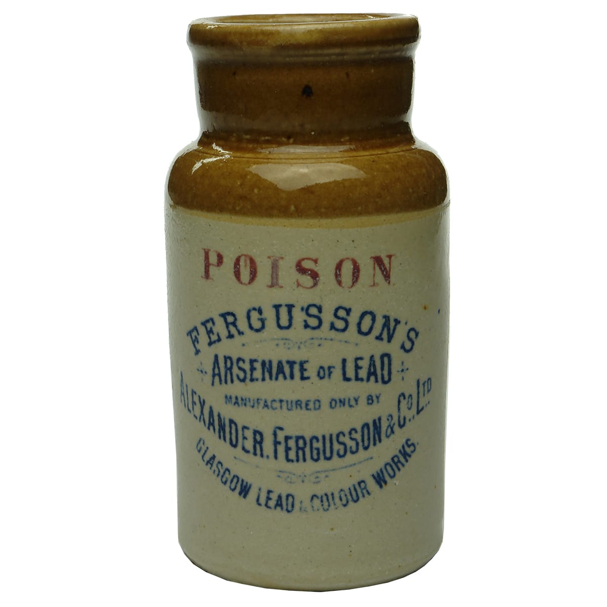 Poison. Fergusson's Arsenate of Lead. Red & Blue Print. Small jar.