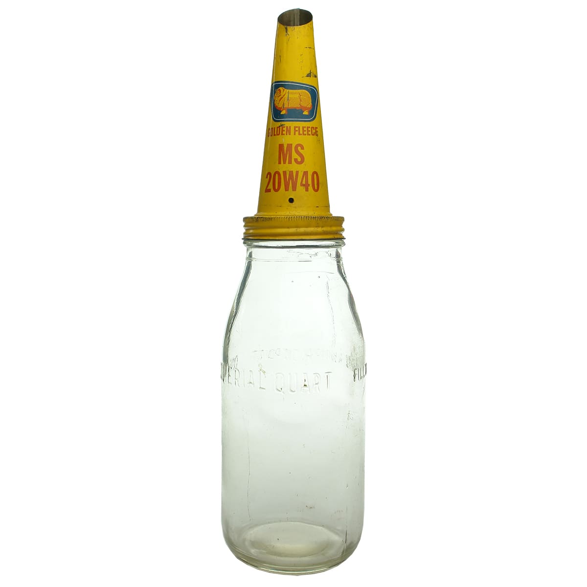 Tin Oil Pourer. Golden Fleece MS 20W40. With plain Quart oil bottle.