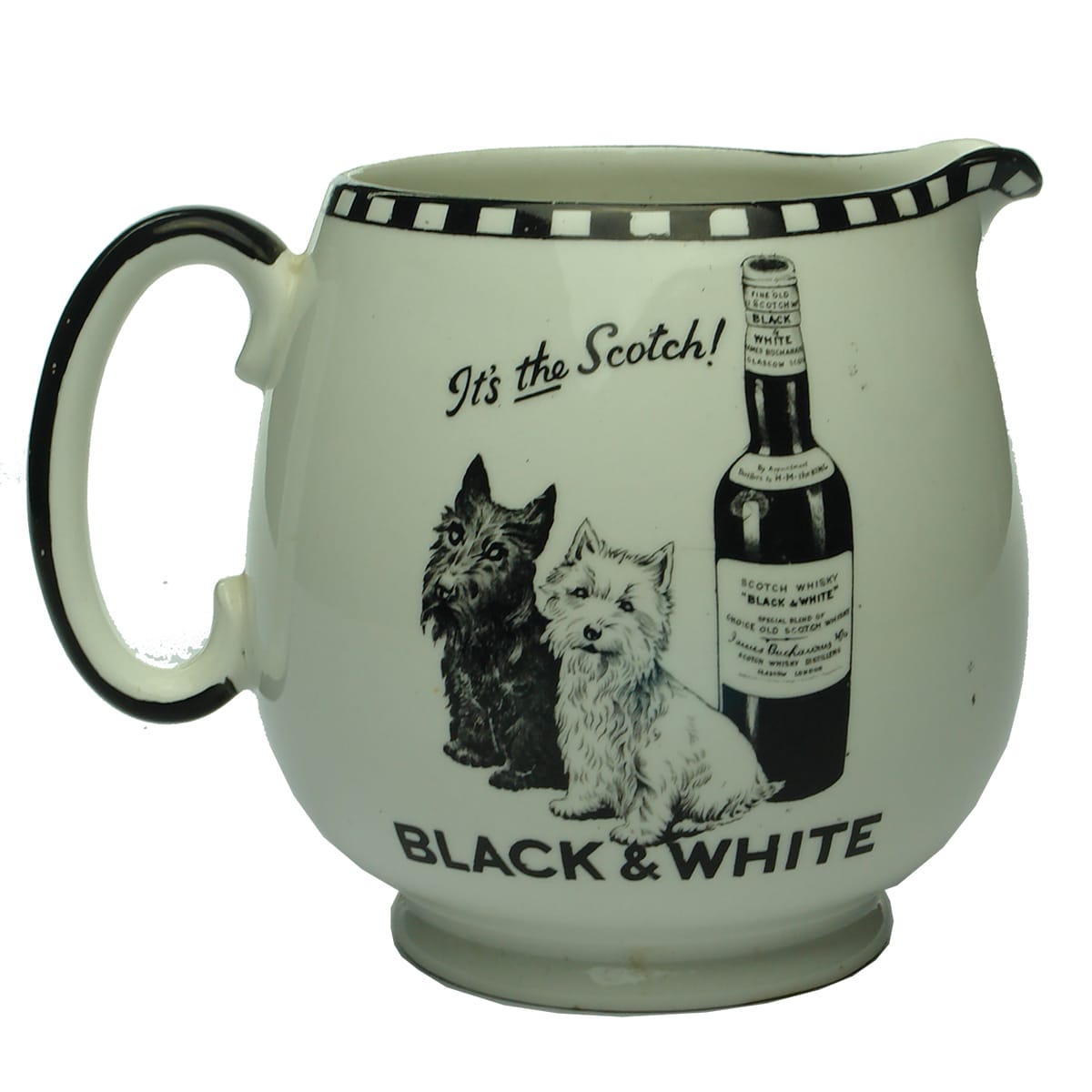 Whisky. Black & White Scotch Whisky. Two Dogs and Bottle. Shelley. Water Jug.