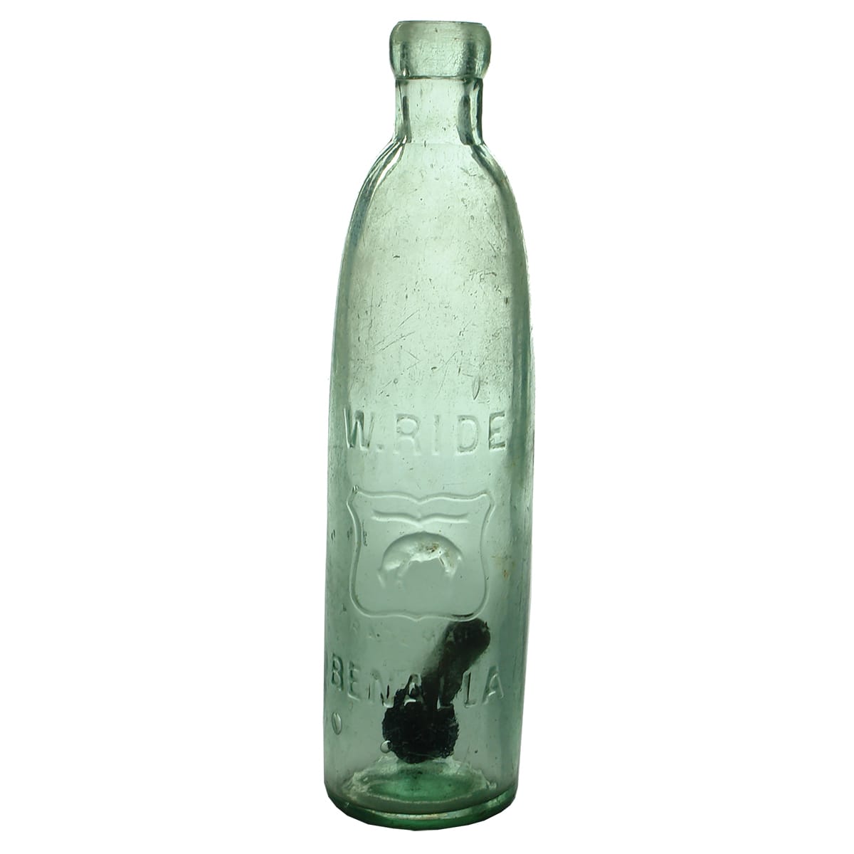 Hogben Patent Stick Bottle. W. Ride, Benalla. Aqua. 10 oz. (Victoria)