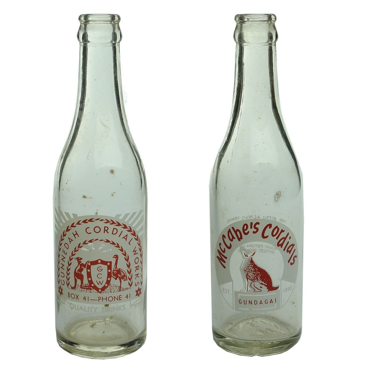 Pair of Ceramic Label Crown Seals. Classic Pictorial Gunnedah Cordial Works and McCabe's Cordials Gundagai. 10 oz. (New South Wales)