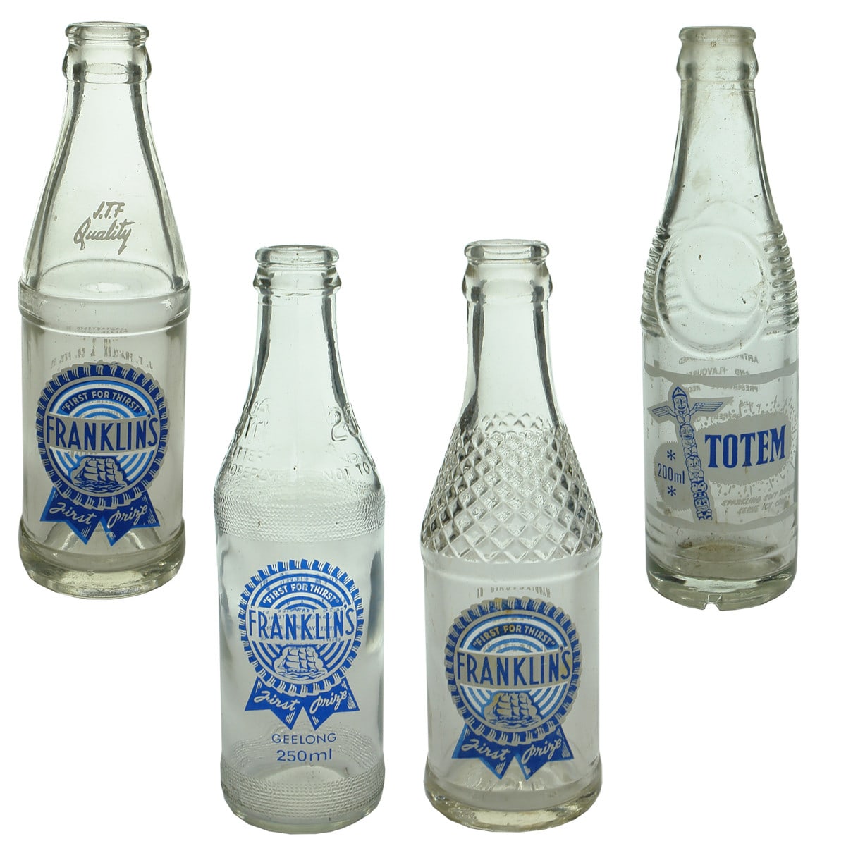 4 Ceramic Label Crown Seals. 3 x different Franklin's Geelong. 1 x Colac Aerated Water Co. Totem. (Victoria)