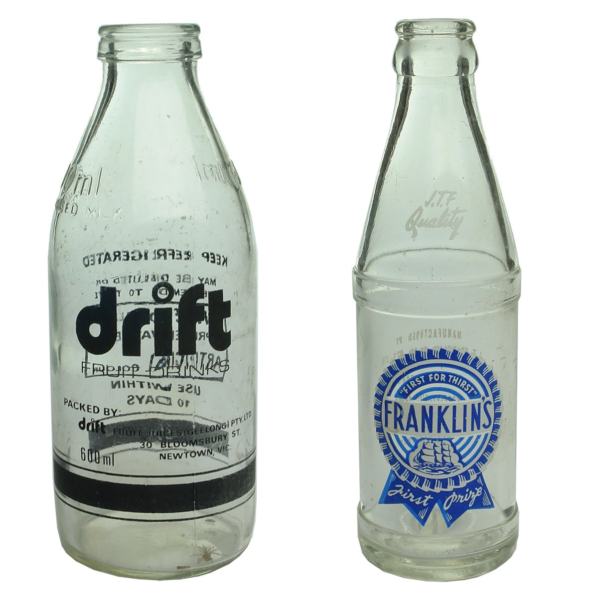 Two Geelong Ceramic Label Bottles: Drift Fruit Juices 600 ml and Franklin's crown seal 6.5 oz. (Victoria)