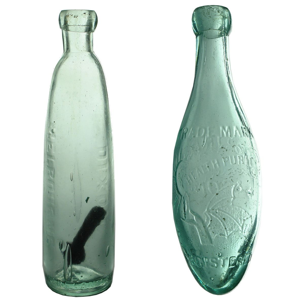 Pair of Melbourne Aerated Water Bottles: Dixon stick bottle and Thos. Trood torpedo. (Victoria)