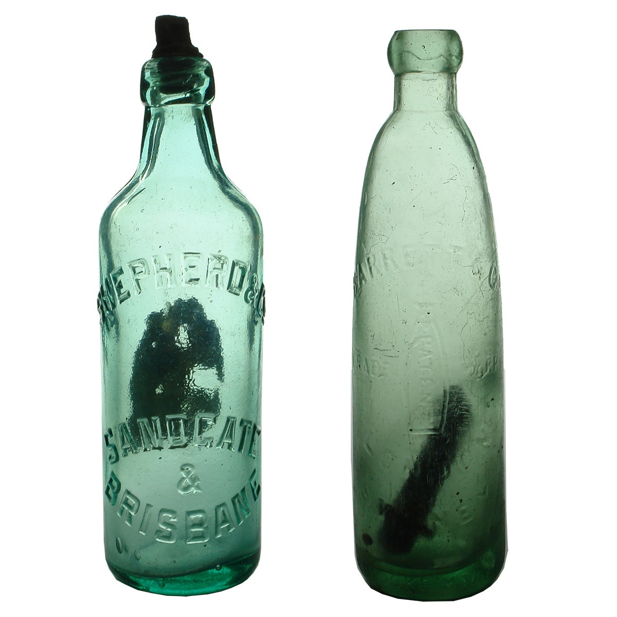 2 Aerated Water Bottles: Internal Thread. Shepherd & Co., Sandgate & Brisbane. Stick Bottle. Barrett & Co., London & Sydney.