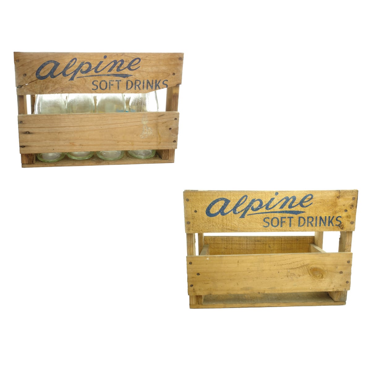 Two Alpine Soft Drinks Crates with 12 labelled screw top bottles. Alpine Soft Drinks, Morwell. (PICKUP ONLY) (Victoria)