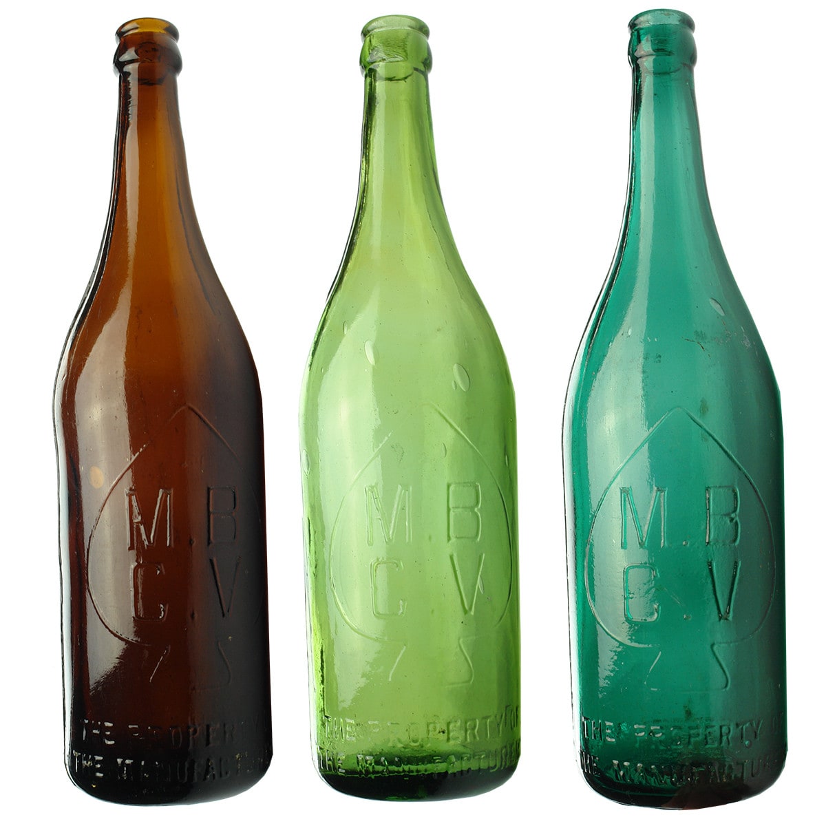 Three MBCV Beers. Amber, Lime Green & Emerald Green. Champagne. 26 oz. (Victoria)