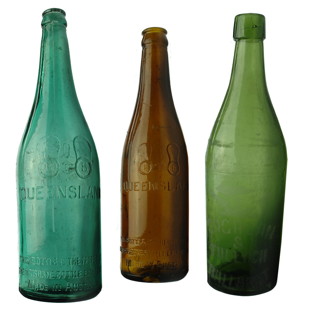 Three Beers: Large Green BEB Queensland; Small amber BEB; Sandblasted Coghlan & Tulloch, Ballarat.