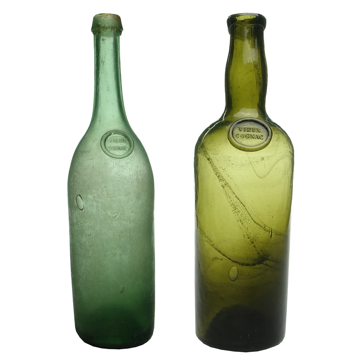 Pair of Sealed Vieux Cognacs. Pale Green & Olive Green. 26 oz.
