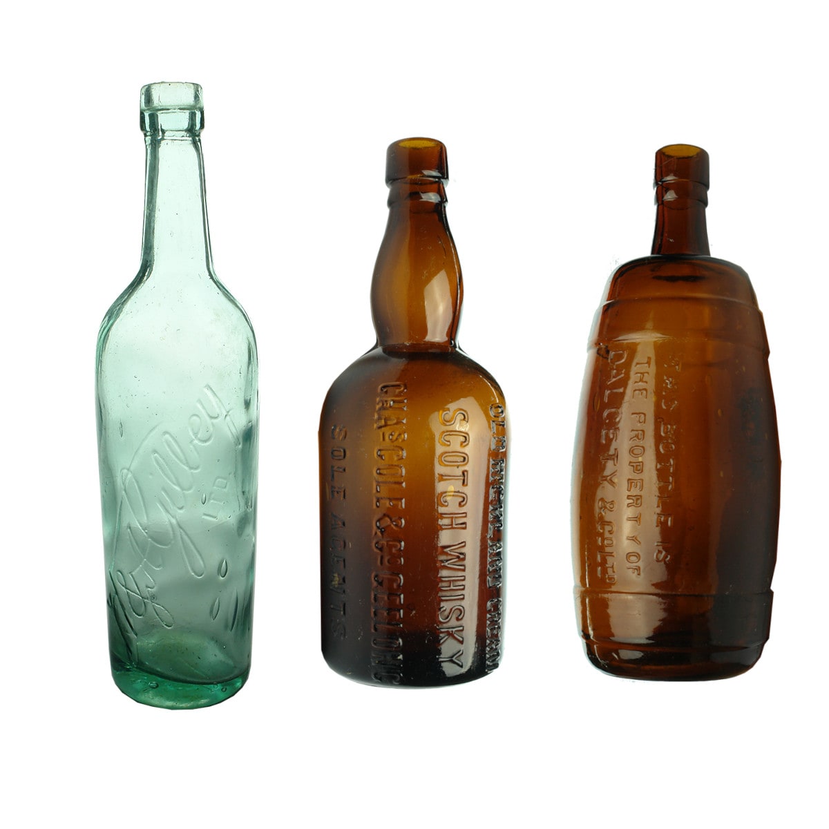 Three Spirits Bottles: Gilbey Gin; Chas Cole Geelong Scotch Whisky; Dalgety spun top Rum.