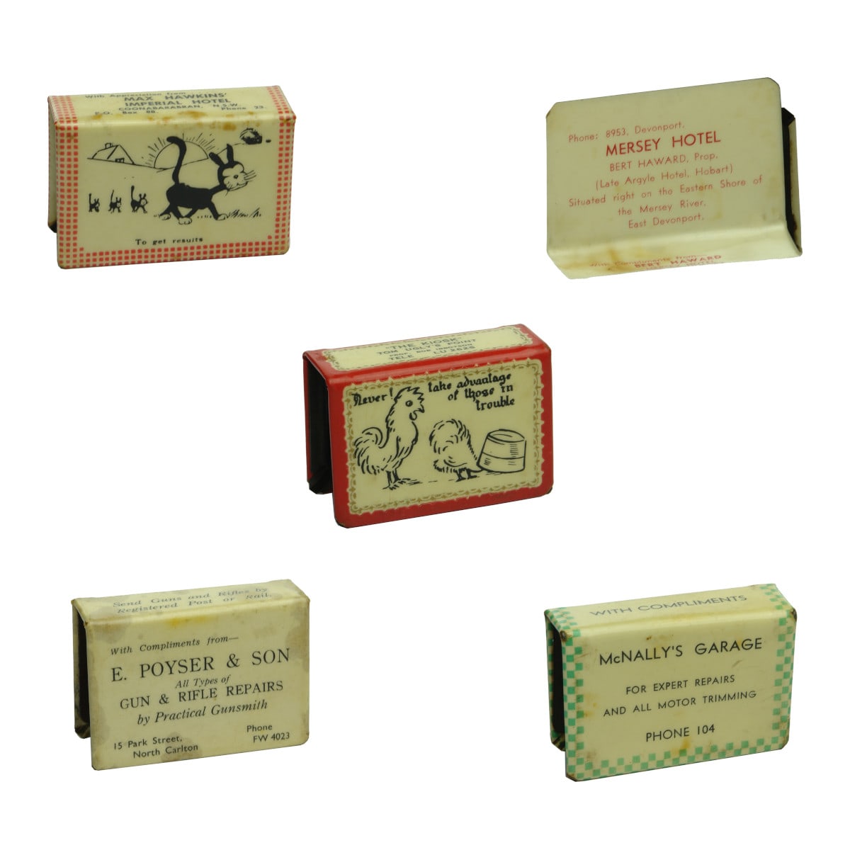 Five Advertising Novelty Matchbox Covers: Imperial Hotel, Coonabarabran; Mersey Hotel, East Devonport; The Kiosk, Tom Ugly's Point; Poyser & Son, North Carlton; McNally's Garage.