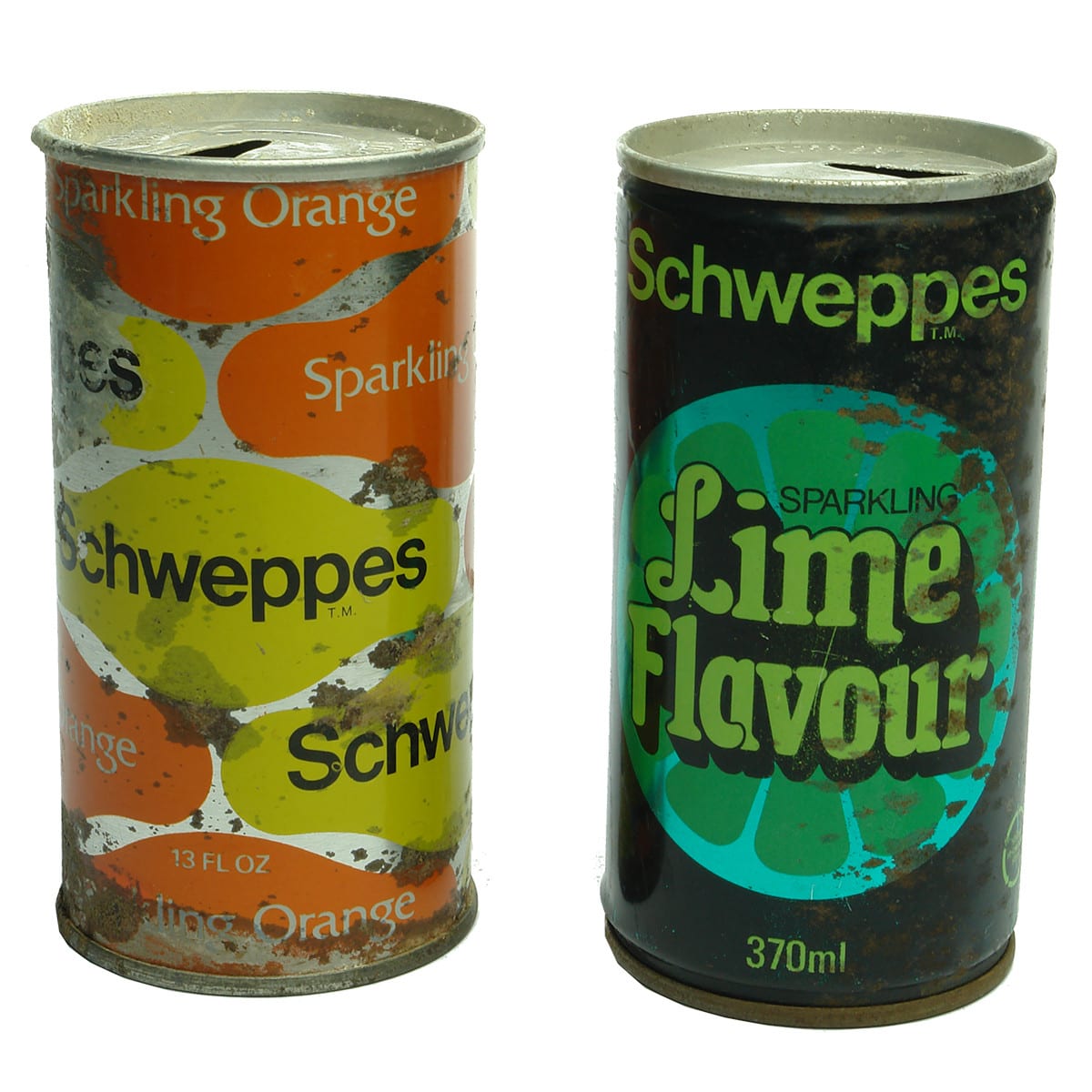 Pair of Schweppes Steel drink cans: Lime Flavour and Sparkling Orange.