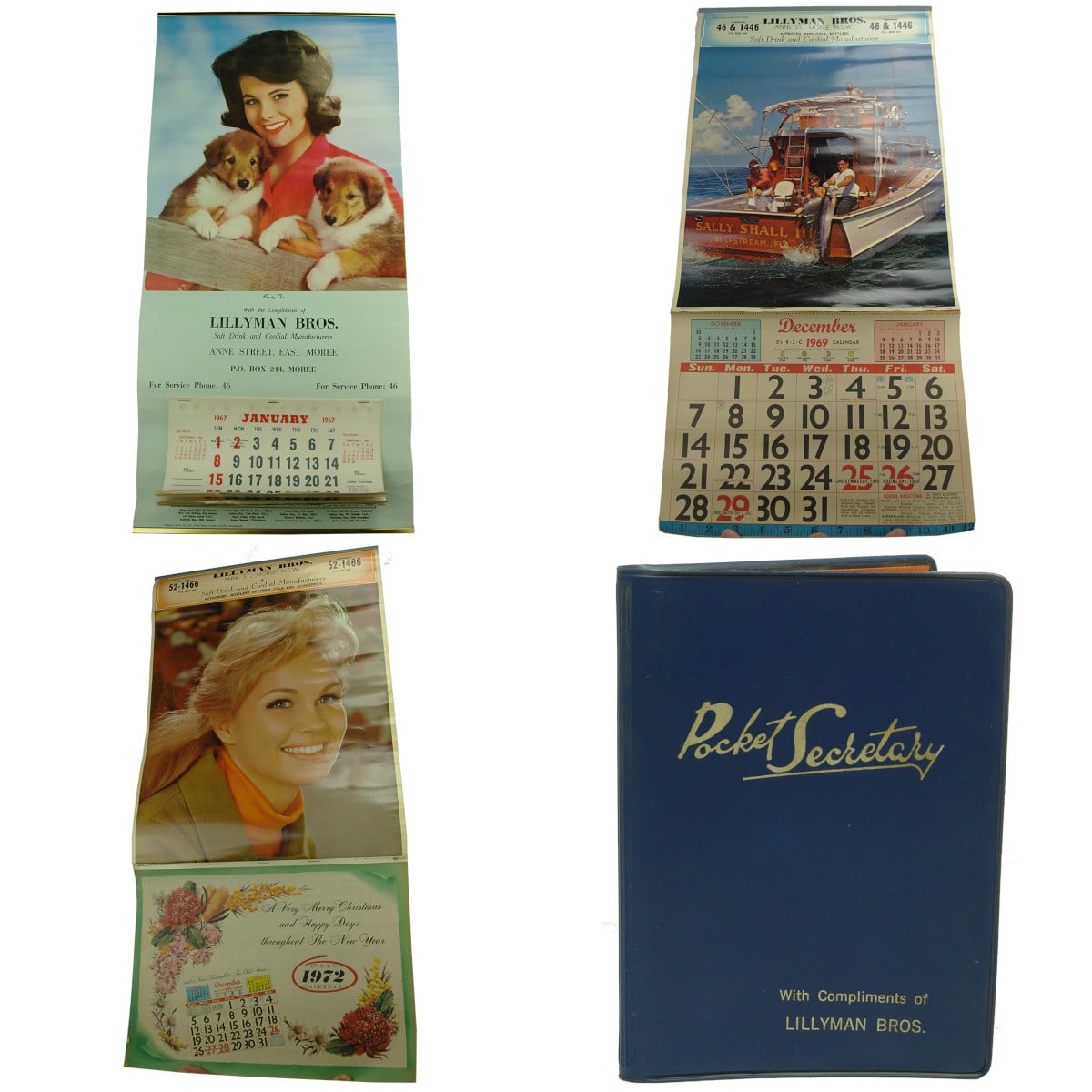 4 Items. 3 Advertising Calendars & a Notebook. Lillyman Bros., Anne Street, Moree. Soft Drink & Cordial Manufacturers. 1967, 1969 & 1972. Small Notebook. Pocket Secretary with compliments of Lillyman Bros (New South Wales)