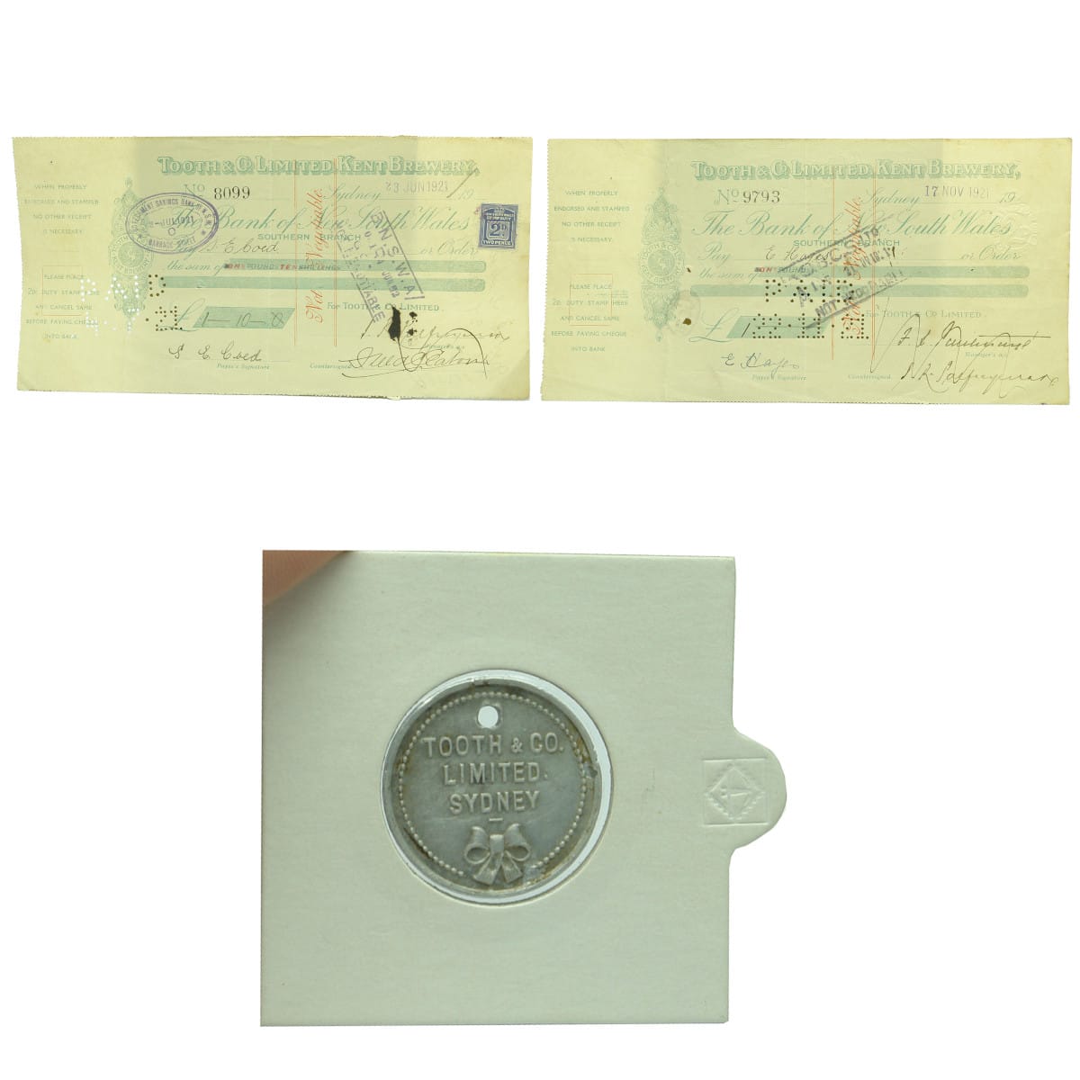 3 Items: Receipts. Tooth & Co Limited Kent Brewery. Dated 2/7/1921 & 17/11/1921. Token/Checkpiece. Tooth & Co Limited Sydney. (Blue Bow). 2 /- Deposit. (Sydney, New South Wales)