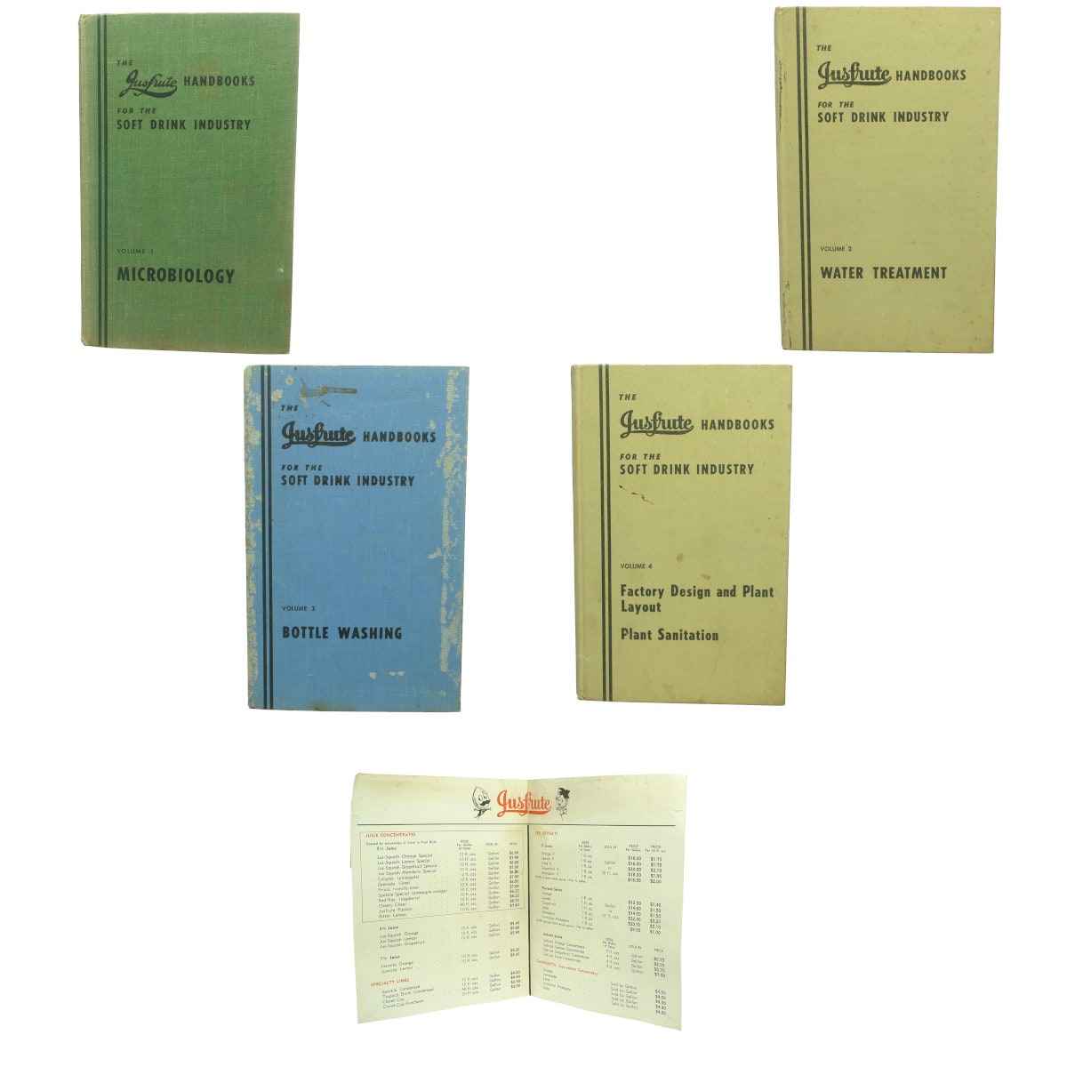 Set of Jusfrute handbooks for the Soft Drink Industry Numbers 1 to 4. Plus 1966 Jusfrute Price List.