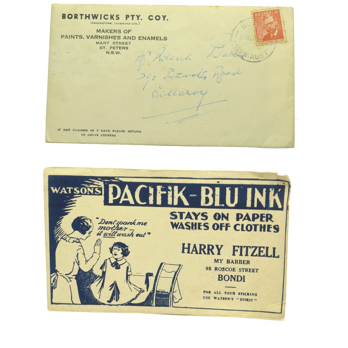 Envelope & Three Blotters. Borthwicks Pty. Coy. Personal Note from Alex Borthwick. AB Paints. Blotter. Watsons Pacifik - Blu Ink. Harry Fitzell, Bondi. (Sydney, New South Wales)